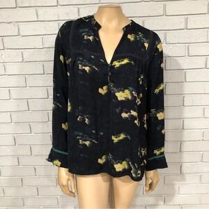 Collective Concepts Navy Blue Yellow Abstract Floral Split Neck Lace Blouse L